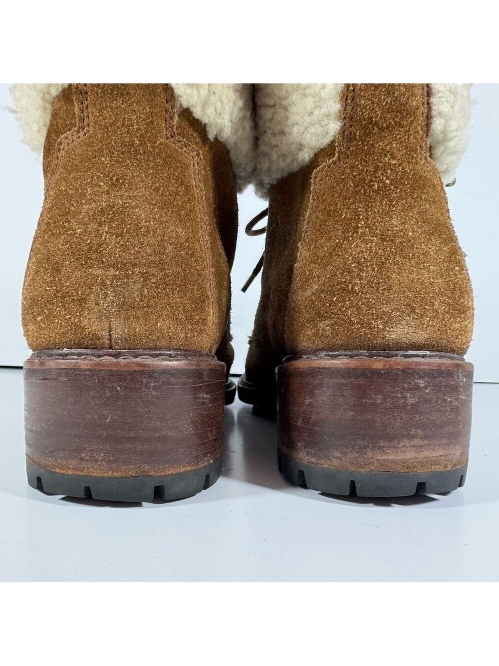 Cole Haan Country Chunky Suede Boots Womens 7.5 Tan Brown Lace Up Heeled Booties - Picture 8 of 12